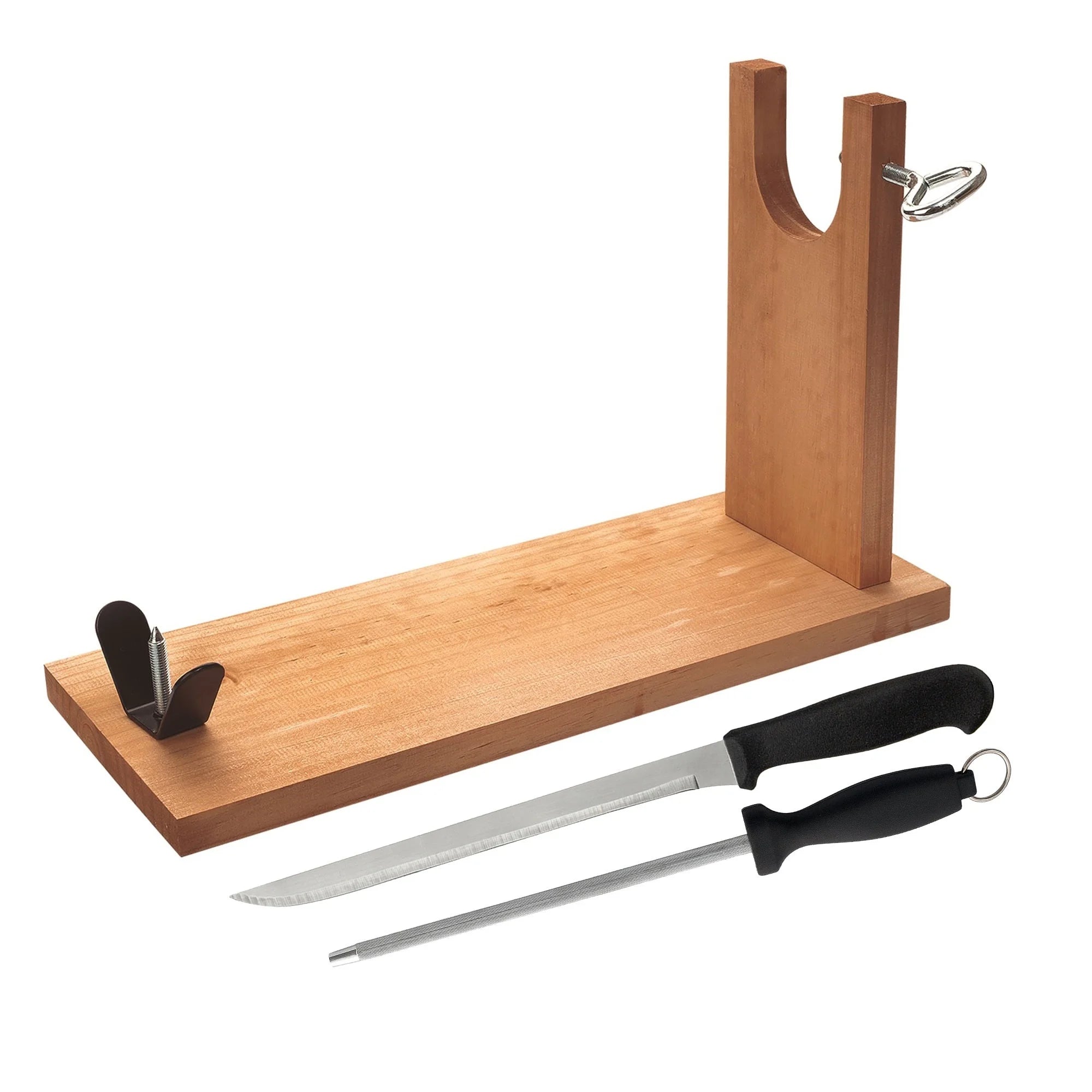WELL HOME - Wooden ham holder with V-shaped fittings spike and hoof fixing + Ham knife set (25cm) and sharpening steel (21cm)