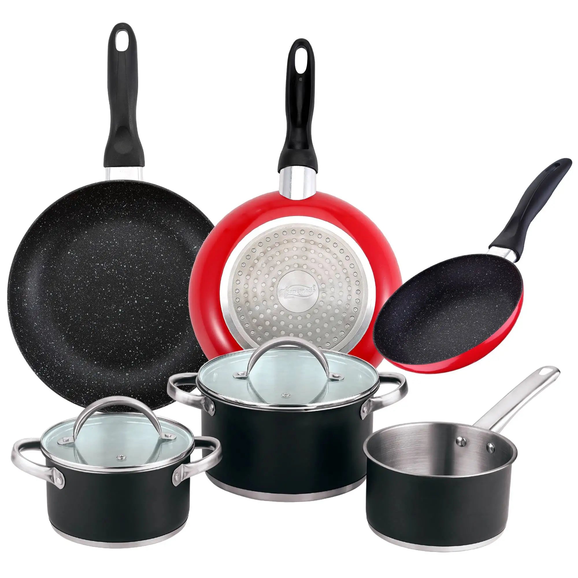 San Ignacio 3-piece frying pan set 162024cm + 5-piece stainless steel cookware set