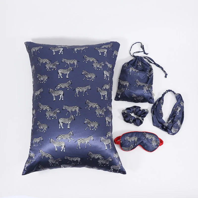 Custom Printing Pure Silk Headband Sleepmask Scrunchies Pillowcase Set With Drawstring Pouch
