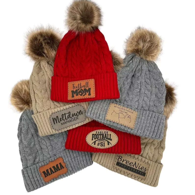 Autumn/Winter Warm Plaid Argyle 3D Embroidery Cute Imitation Rabbit Hair Faux Fuzzy Fur Pom Pom Beanie