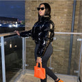 2025 Winter Women's Solid Color Mirror PU Leather Stand-Collar Cardigan - Down Cotton Padded Euro-American Cross-Border