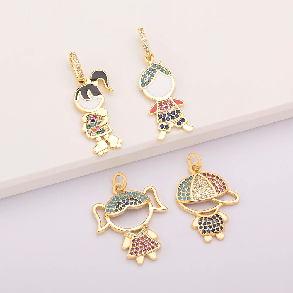 QIKU Bling Gold Plated CZ Zircon Trendy Girl and Boy Kids Best Friend Couple Charms for Jewelry Necklace Making