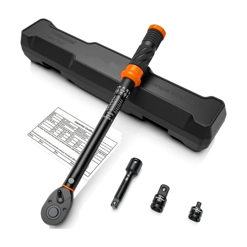 3/8" 4PCS Preset Torque Wrench Set 5-45 Ft-lb/ 6.8-61Nm 3/8 Drive with 3" Extension 3/8" to 1/4" & 3/8" to 1/2" Adapters