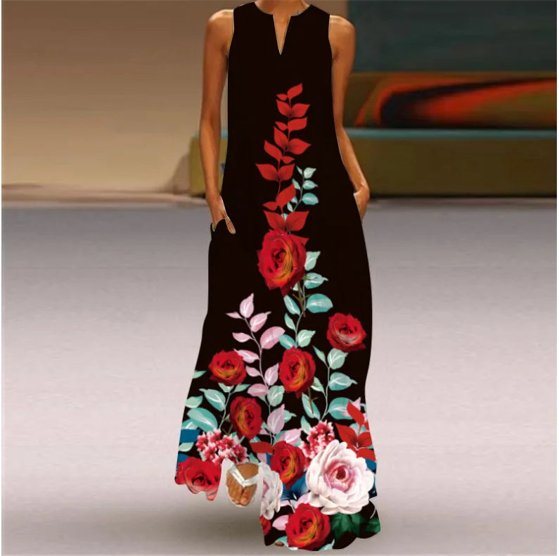 2025 New Summer Women's Sleeveless Floor-Length Dress V-Neck Printed Floral European American Cross-Border Trade Clothing