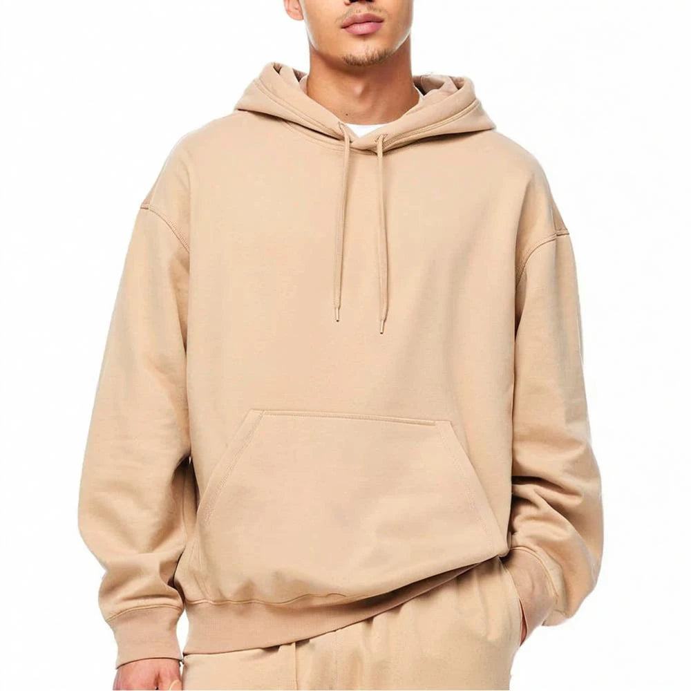 Unisex Winter 300Grams 100% Cotton Custom Drawstring Hooded Sweatshirt Khaki Loose Oversize Minimalist Versatile Style Digital