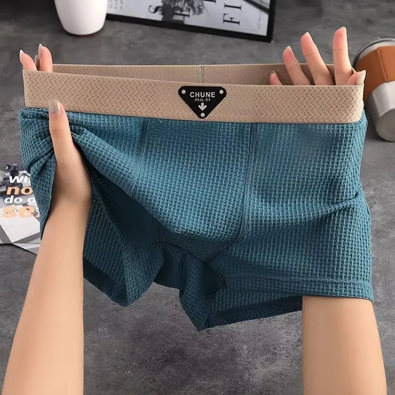 Men's Cooling Summer Ice Silk Boxer Briefs Breathable Knitted Summer Underwear with Mid-rise Logo on Waist for Home and Beach