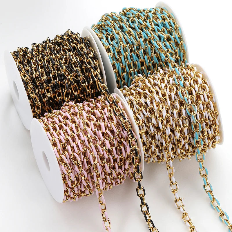 Fashion Stainless Steel Bulk Enamel Oval Chain PVD Gold Plated Glaze Link Chains for Jewelry Necklaces Bracelets Making