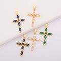 QIKU Children's Colorful Crystal Prayer Cross Pendant 18K Gold Plated Religious Style Copper Jewelry Gift