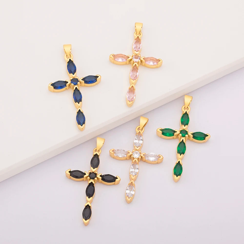 QIKU Children's Colorful Crystal Prayer Cross Pendant 18K Gold Plated Religious Style Copper Jewelry Gift