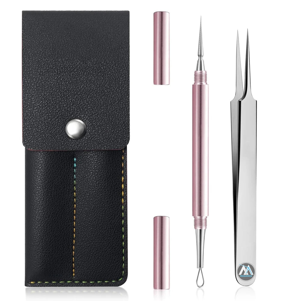 Professional Double-Ended Titanium Alloy Steel Tweezers Kit Blackhead Pimple Acne Remover Facial Milia Removal Tool Extractor