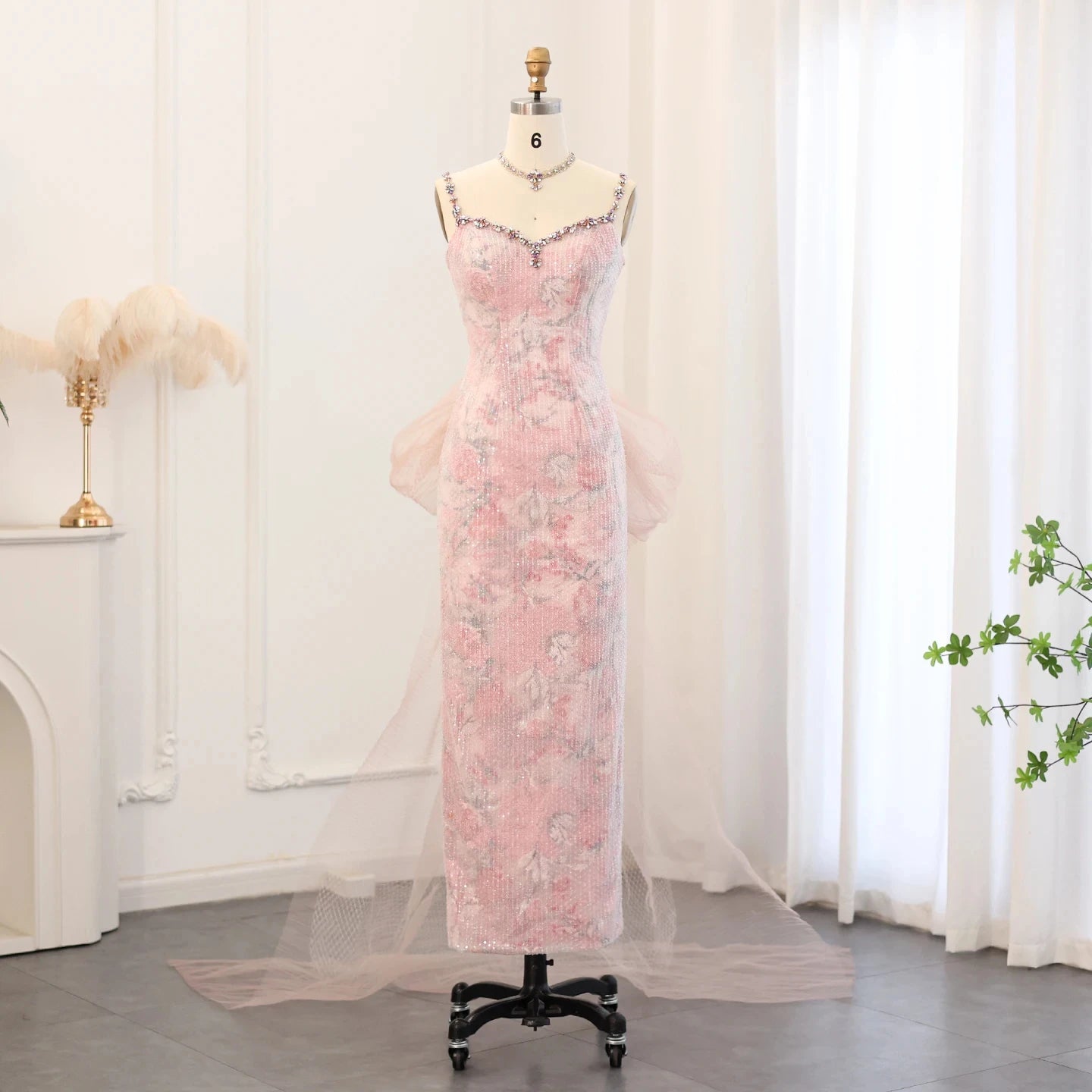 Jancember SZ516 Princess Pink Spaghetti Strap Yarn Straight Evening Party Dresses