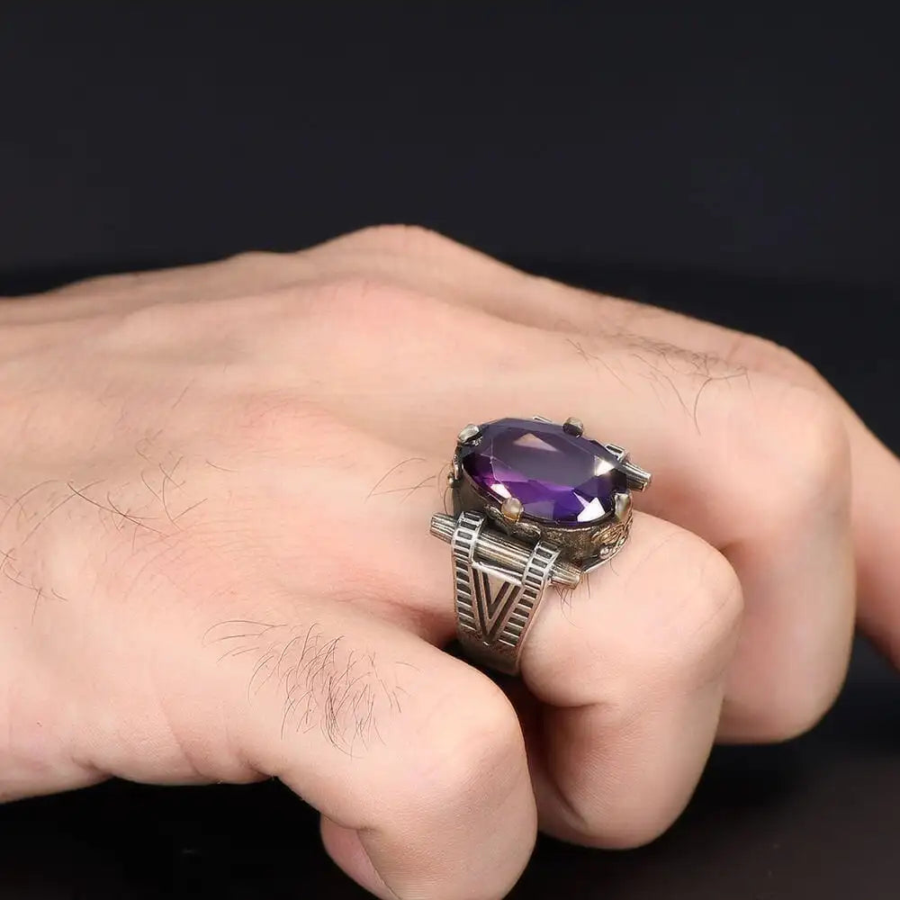 Azuris Custom Logo 925 Sterling Silver Ottoman Style Men's Ring with Naturel Black Stone Handmade in Turkey VALKH1521