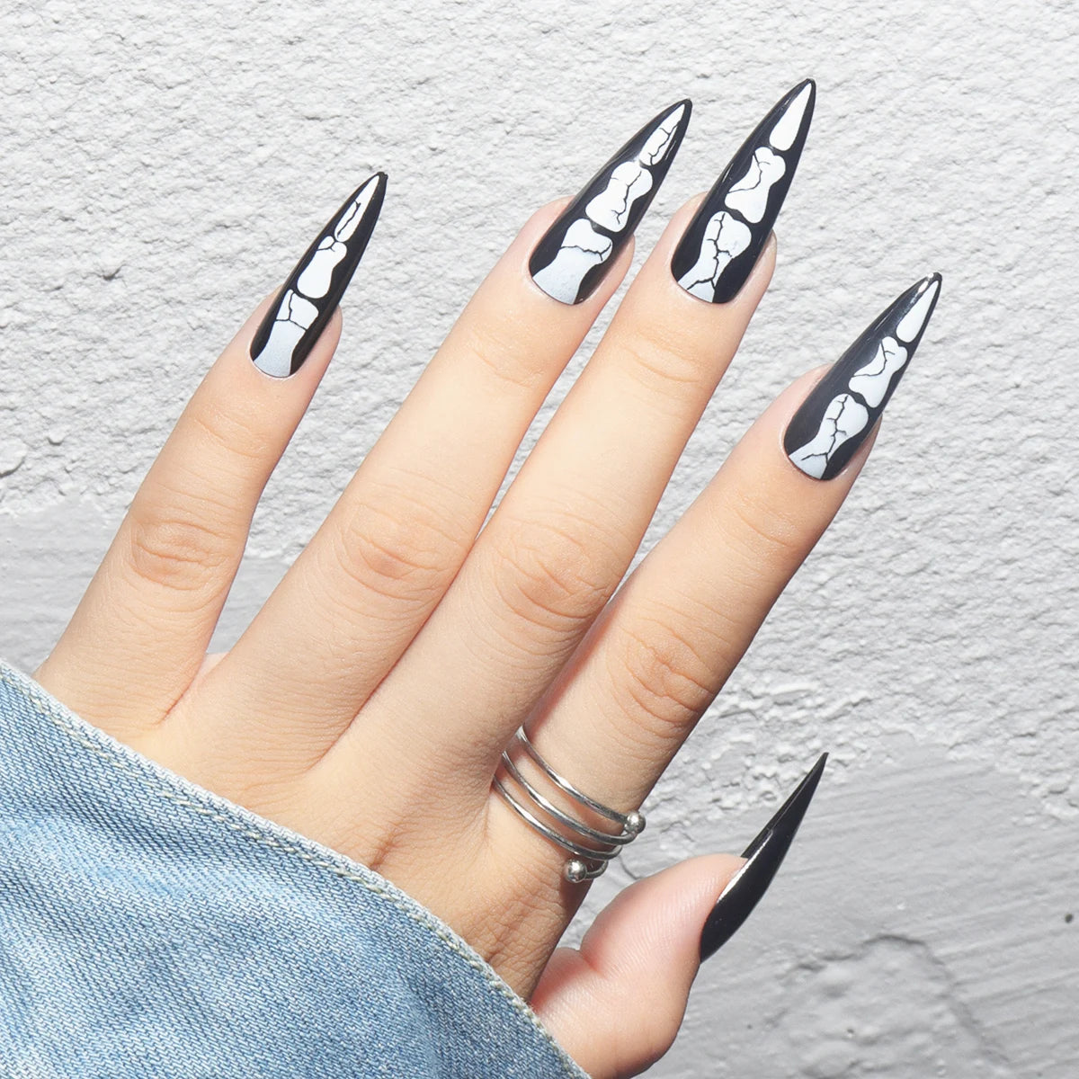 Wholesale Temooi 24Pcs ABS Bone Pattern Long Stiletto Finger Nails False Press-On Nail Tips Nail Glue Decoration Custom Logo