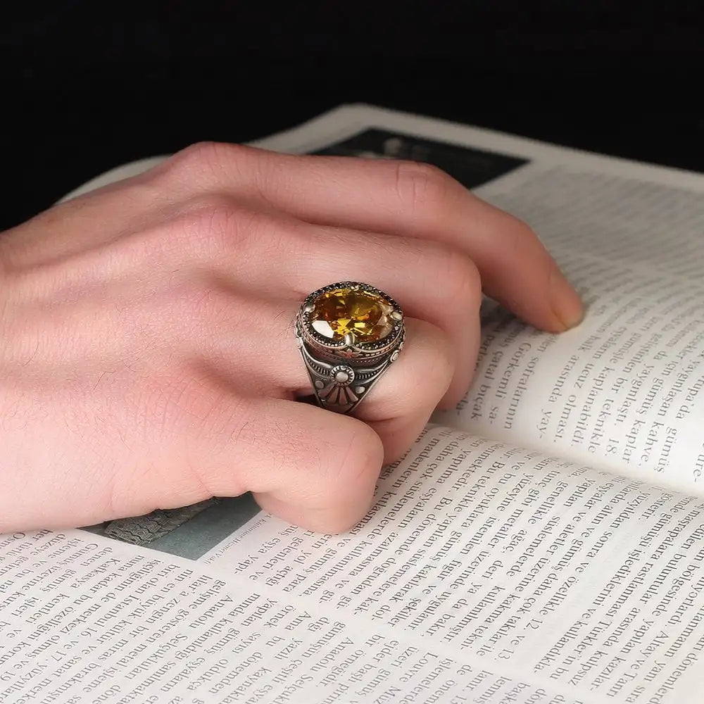 Turkish 925 Sterling Silver Men's Ottoman Style Natural Agate Stone Ring Azuris Model VALKH1274