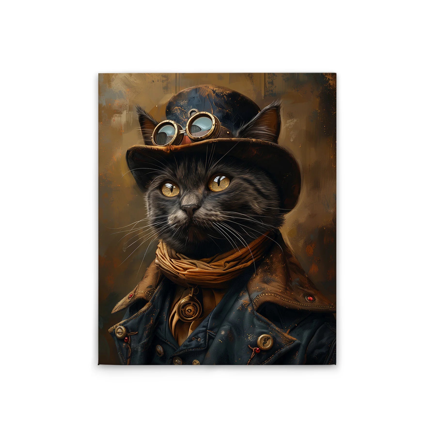 Made In Germany - Home Decor Canvas Picture Steampunk Cat - Wall Mural In Black And Gold - Canvas Picture On Stretcher Frame