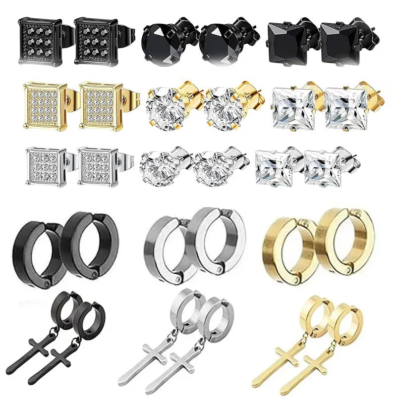 Men's Stainless Steel Punk Stud Earrings Fashion Round Pendant Cross Earrings Set Trend Ear Clip Earrings