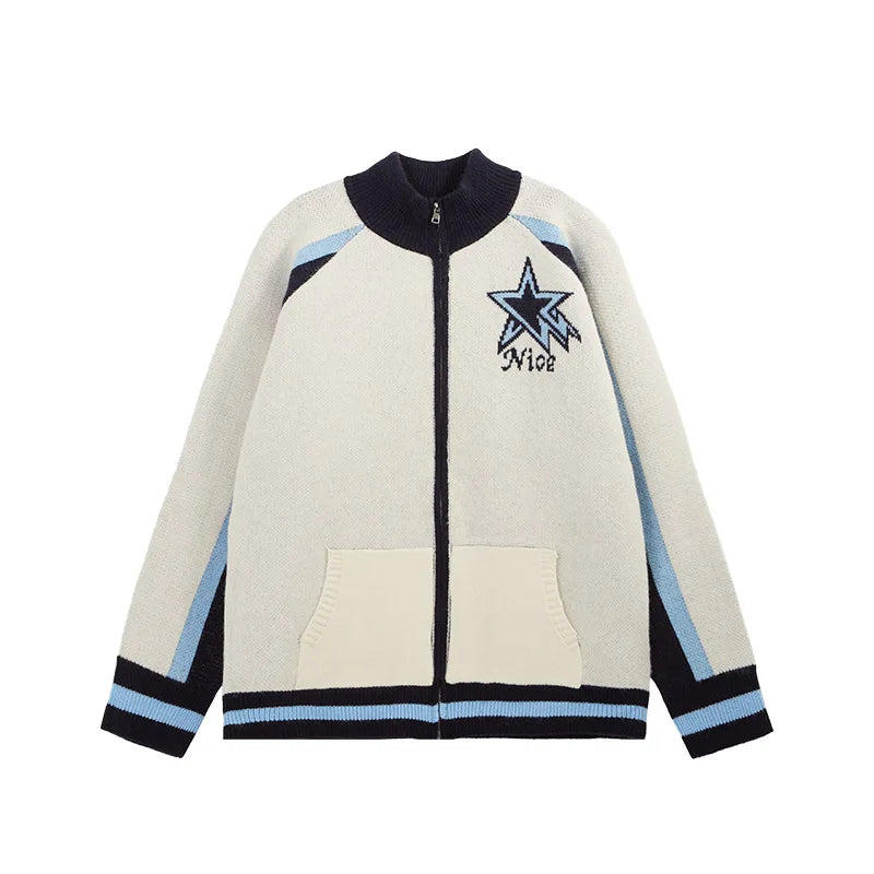Street Style Color-Block Mock Neck Zip-up Cardigan Sweater Autumn Winter Custom Patchwork Knit Top