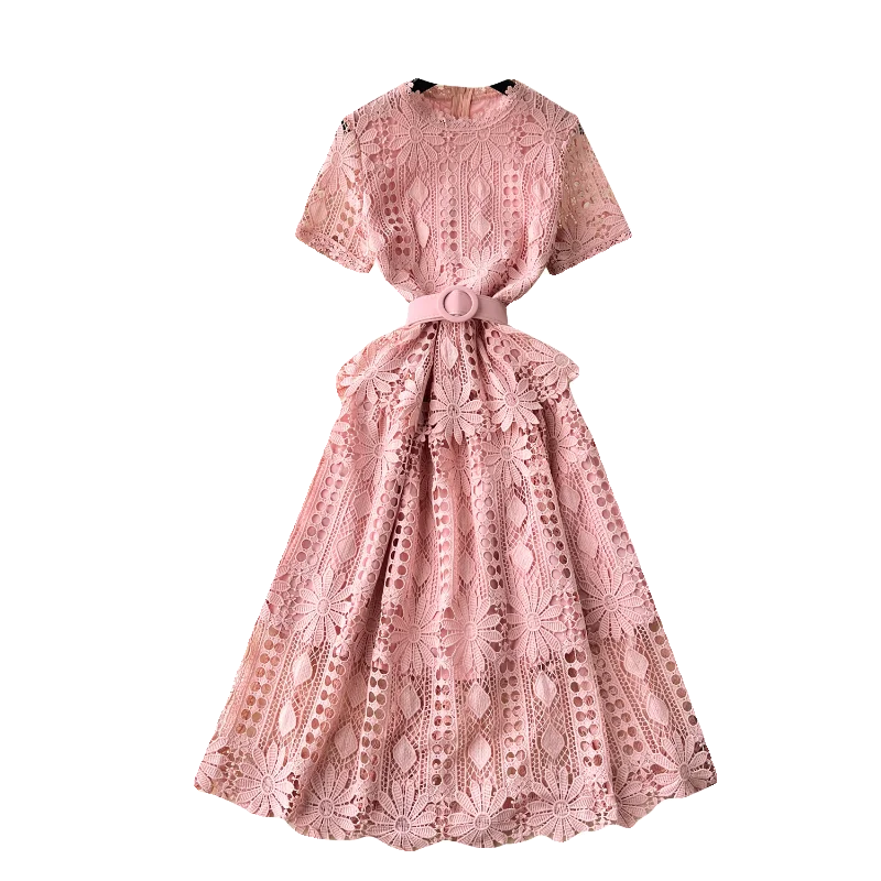 Vintage Casual Midi Dress for Women Empire Embroidery Hollow Out Ruffled Lace Vestidos