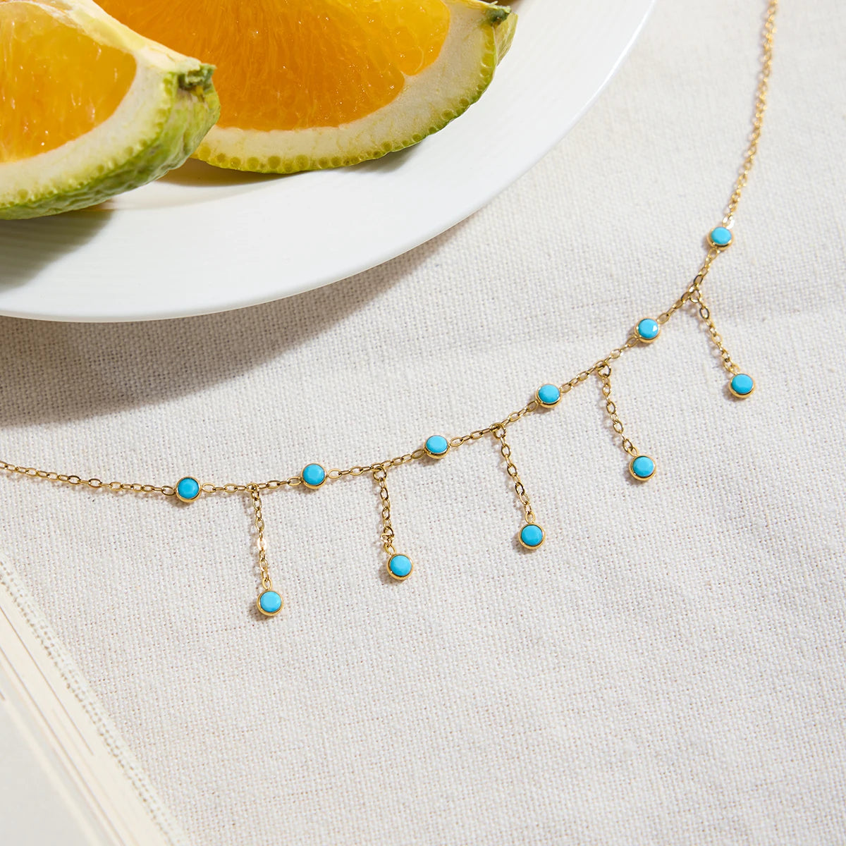 J&D 18k Gold Stainless Steel Blue Turquoise Tassel Pendant Necklace for Women Fashion Jewelry