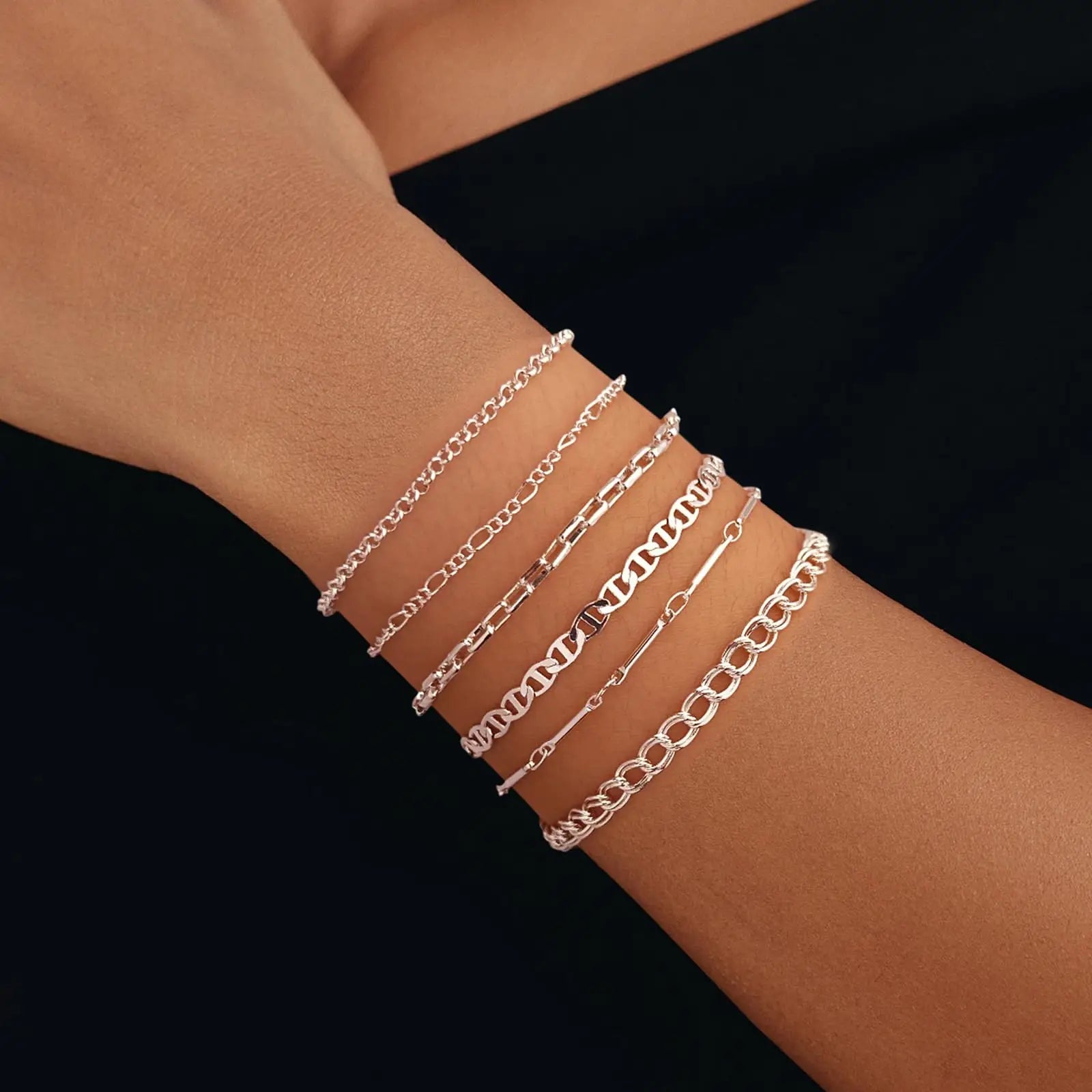 Dainty Brass Jewelry Silver Plated Six-layer Copper Bracelet Bamboo Links + square Paperclip + O-shaped Chain Link Bracelet
