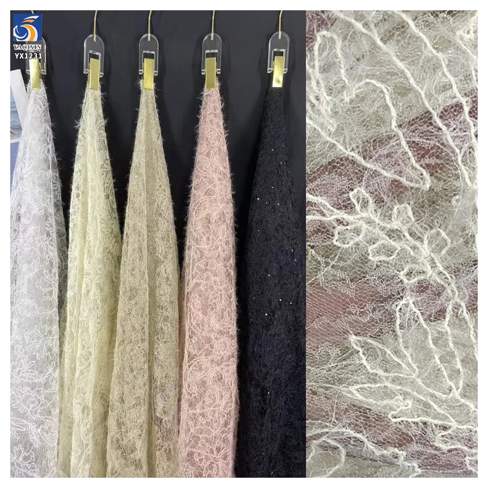 YX1231 Cheap Brushed Tassel Wool Embroidered Mesh Lace Fabric With Sequins Custom Embroidery Clothing Mesh Fabric