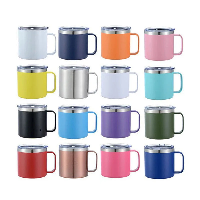 Wholesale Personalized 12oz Vacuum Double Wall Stainless Steel Travel Thermal Thermo Coffee Mug Tumbler with Metal Handle Lid