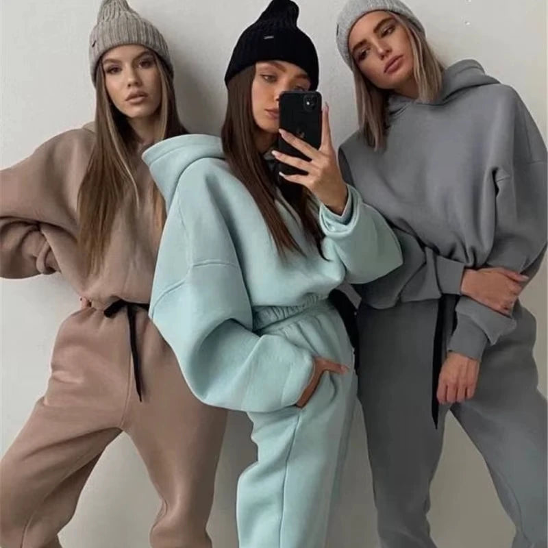 Custom Puff Print Hoodie Fall Autumn Women Ladies Two Pant Pieces Jogger Set Sweat Pocket Crop Sweatsuit 2 Piece Pants Sets