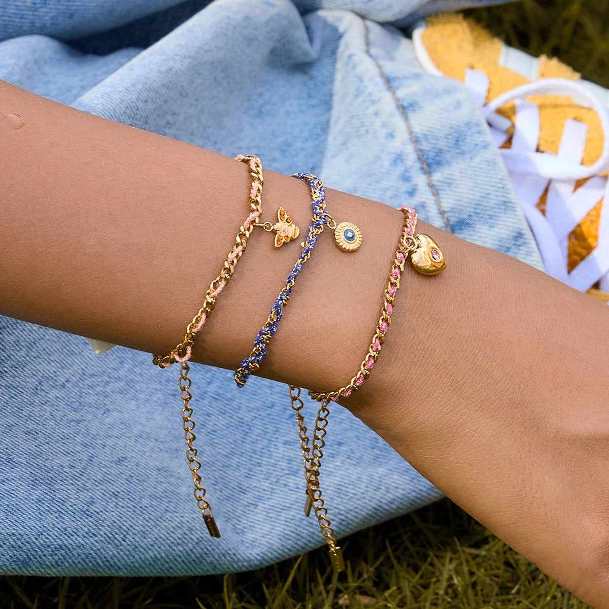 J&D Vacation Style 18K Gold Stainless Steel Rhinestone Shape Pendant with Rope Interwoven Bracelet