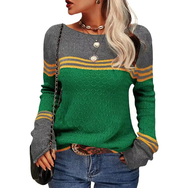 2025 Autumn Winter New EU/US Cross-Border Women's Sweater - Striped Color Block Crew Neck Long Sleeve Crochet Knit Top-2