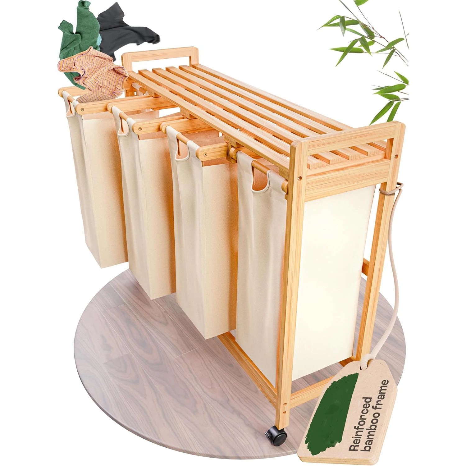 Bamboo Laundry Sorter with 4 Sections Beige Laundry Hamper Bucket Canvas Storage Organizer Basket Laundry Hamper with Wheels