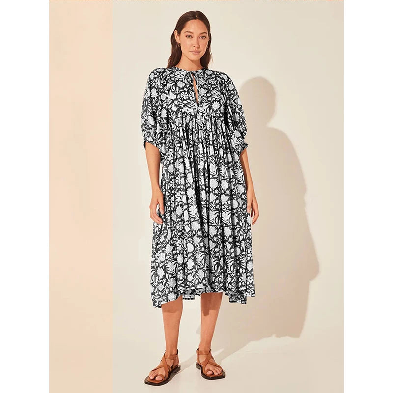 Cross-border New Arrival Solid Vintage Fashion Women's Summer Woven Cotton Vacation Dress-Loose Casual Half Sleeve Style
