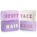 Pinkunn 4-Piece Preppy Chenille Letter Design Canvas Makeup Bags Zipper Closure Small Capacity-Women's Cosmetic Storage for MegaBDM