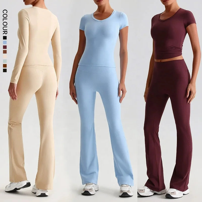 SHINBENE Women's 2-Piece Lounge Set Hi Cloud Collection Short Sleeve Tops High Waist Flare Pants Solid Casual Outfits Matching