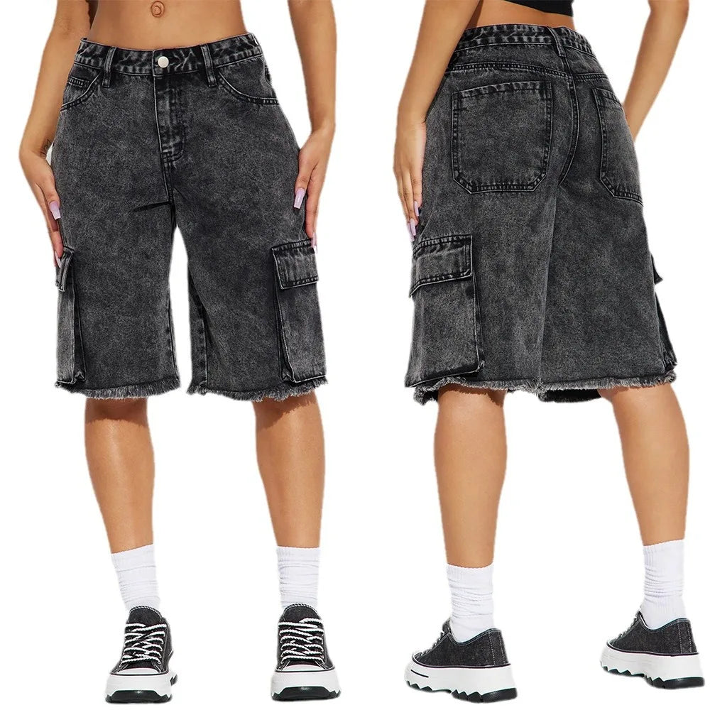 2025 Summer Women's Street Style Fashionista Washed Raw Edge Workwear Denim Straight Pants Fashion Trendy Versatile Jeans