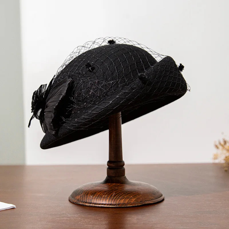 Pillbox Hat Women Church Derby Winter Vintage Fascinator Beret 100% Wool Felt Hat With Veil