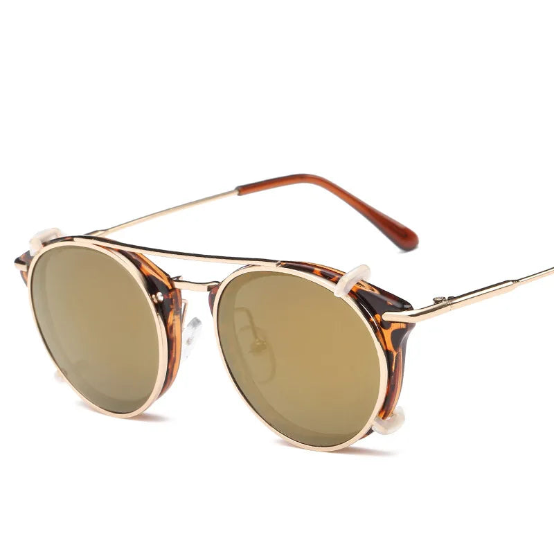 Custom Logo 2025 Retro Men Women Flip Separable Lens Steampunk Sun Glasses UV400 Round Punk Sunglasses With Clip on