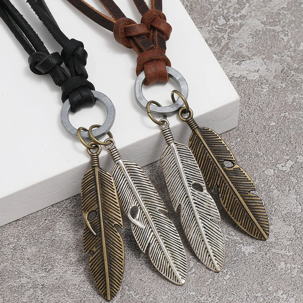Retro Personalized Adjustable Leather Necklace Hihop Long Style Sweater Feather Necklace for Men