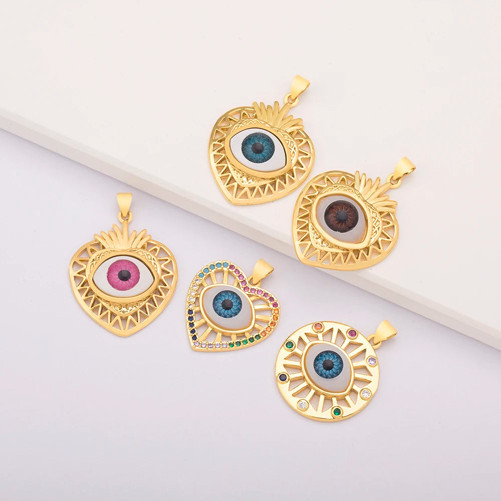 QIKU Wholesale Gold Plated Eye Pendant Set Heart & Geometric Design Cubic Zirconia Colored Fashion Jewelry for Necklace Making