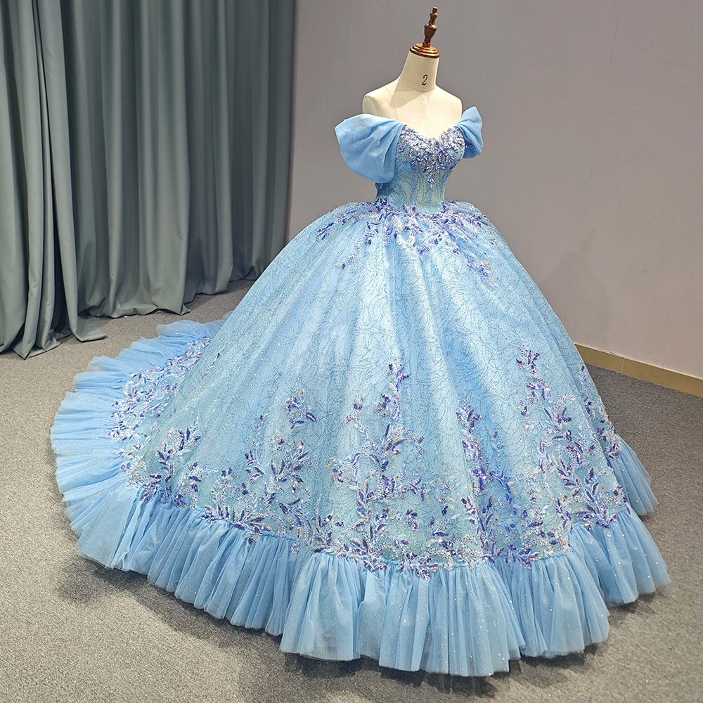 Jancember 1228 Ladies Baby Blue Sequins Beaded Ball Gown Quinceanera Party Dresses