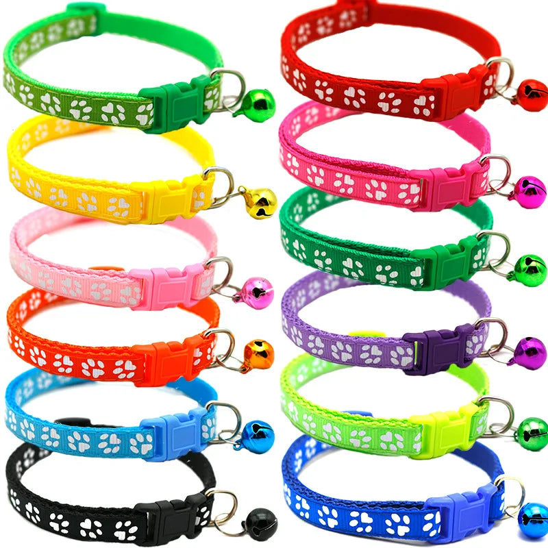 Adjustable Colorful Puppy Breakaway Footprint Patterned Pet Dog & Cat Collars Bling Diamante With Bell