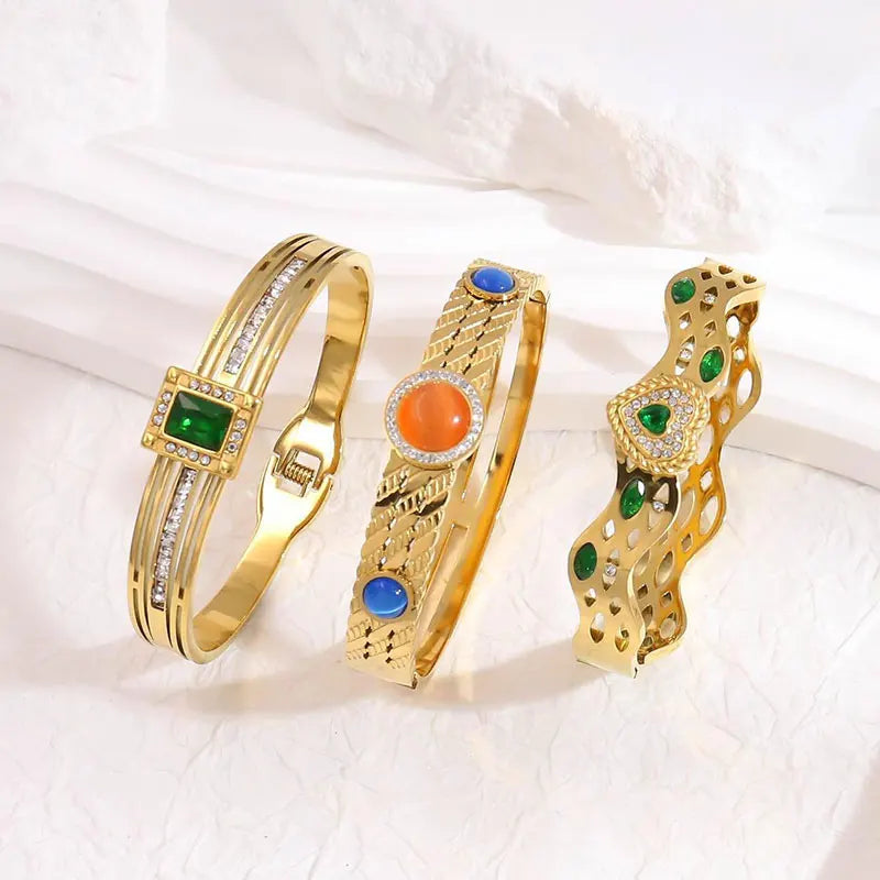 Fashion Stainless Steel Jewelry Bracelets Bangles Wholesale Colorful Gemstone 18K Gold Plated Chunky Opal Stone Bangles
