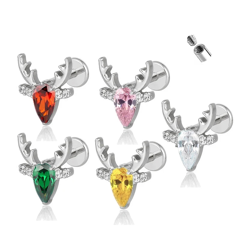 Wholesale 16G Internally Threaded Titanium G23 Antlers CZ Tree Christmas Labret Top Helix Body Earring Piercing Body Jewelry