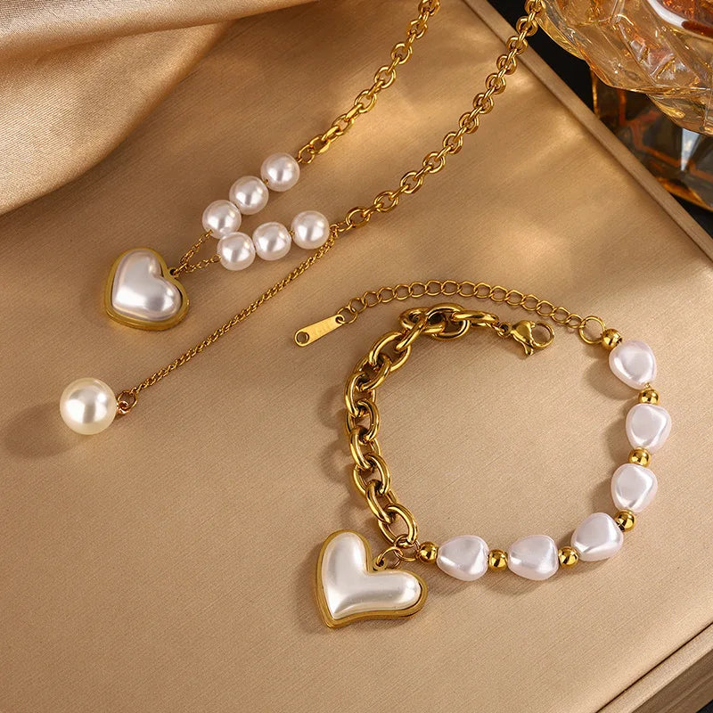 Resoul Gold Plated Women Pearl Necklace Set Tarnish Free Waterproof Bracelet Necklace Vintage Style Jewelry MegaBDM