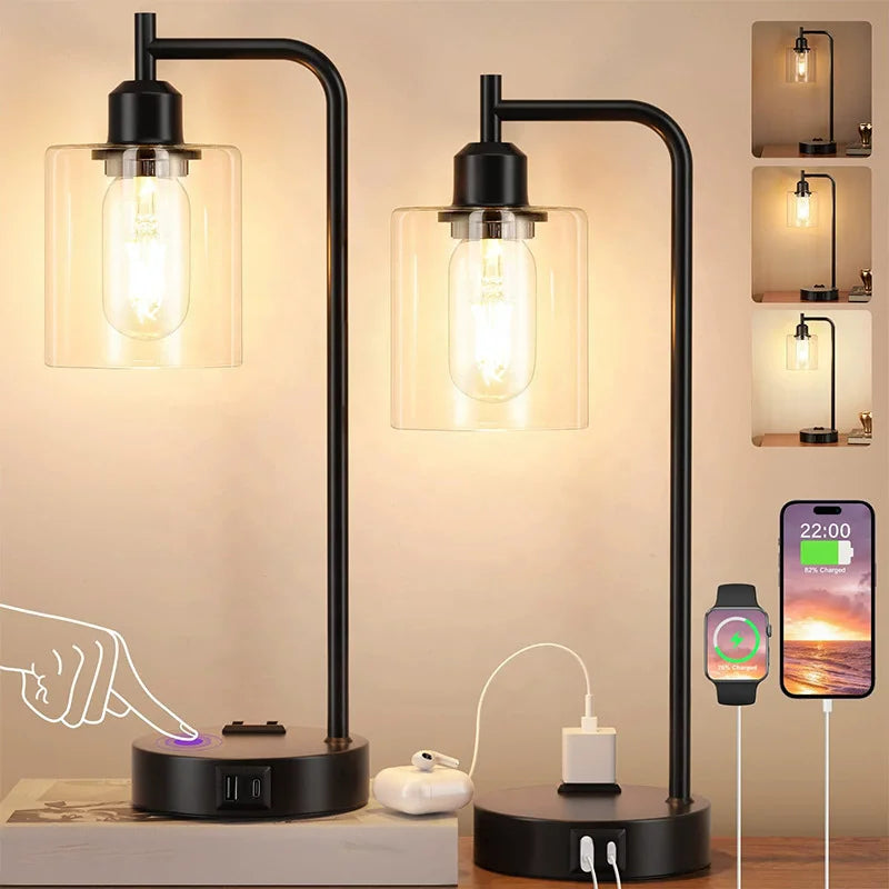 1/2 Industrial Touch Control LED Nightstand Desk Lamps Black Bedside Lamps with 2 USB Ports AC Outlet for Bedroom & Living Room