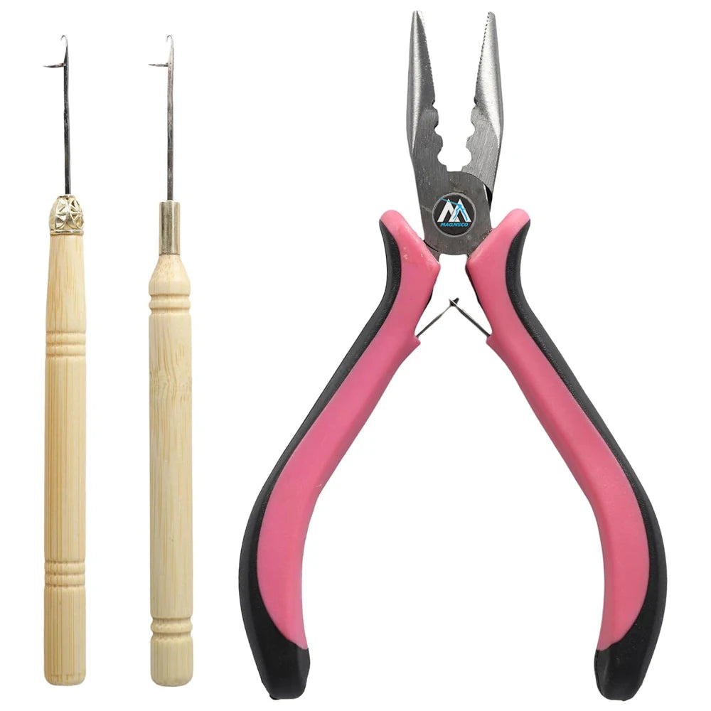 Mini 3-Hole Stainless Steel Micro Nano Loop Pliers Non-Slip Hair Extension Tools with 3 Wig Crochet Hooks