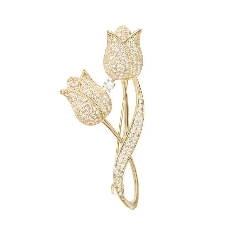 Wholesale Rhinestone Women Crystal Flower Tulip Hot Selling Golden Supplier Coat Brooch Wedding