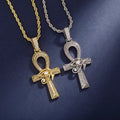 Brass Iced Eye Horus Ancient Egypt Ankh Pendant Necklace Big Vintage Cubic Zircon Cross Key Life Guardian Charm Hip Hop Rope