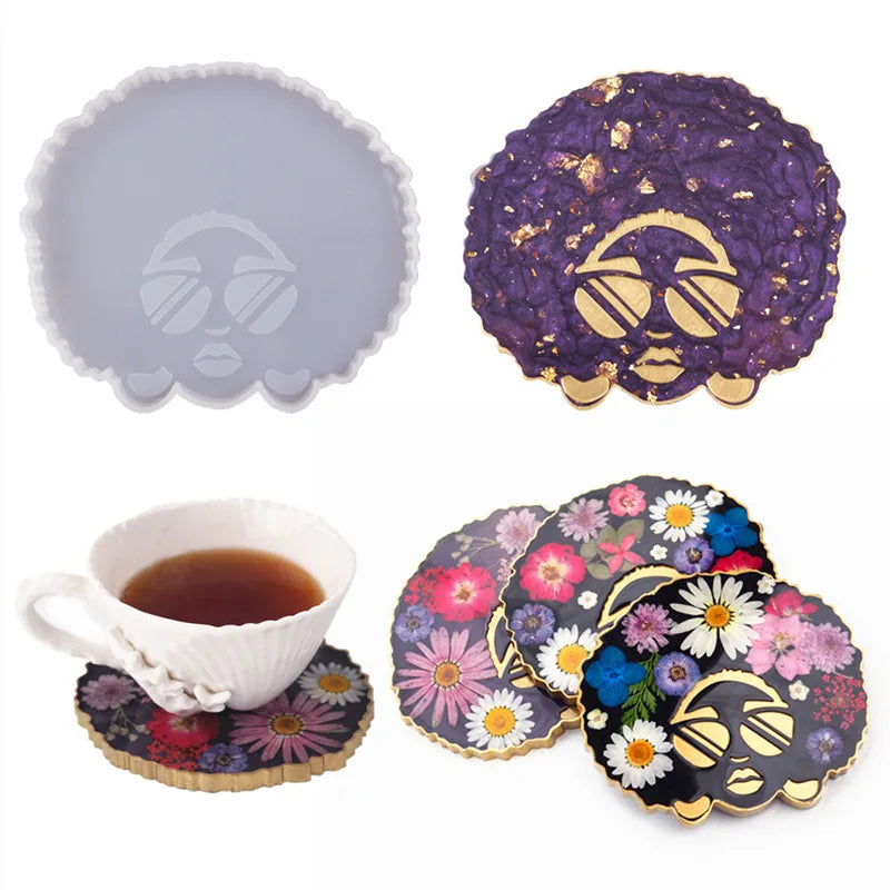 Crystal Resin Drop Glue Irregular Coaster Exploding Head Glasses Girl Coffee coaster Mirror Mold for DIY Handmade