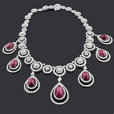 Designer 18K White Gold Classic Necklace IGI Certified 36.26ct Ruby 74.83ct Prong Set Brilliant Cut Diamond Total Weight for