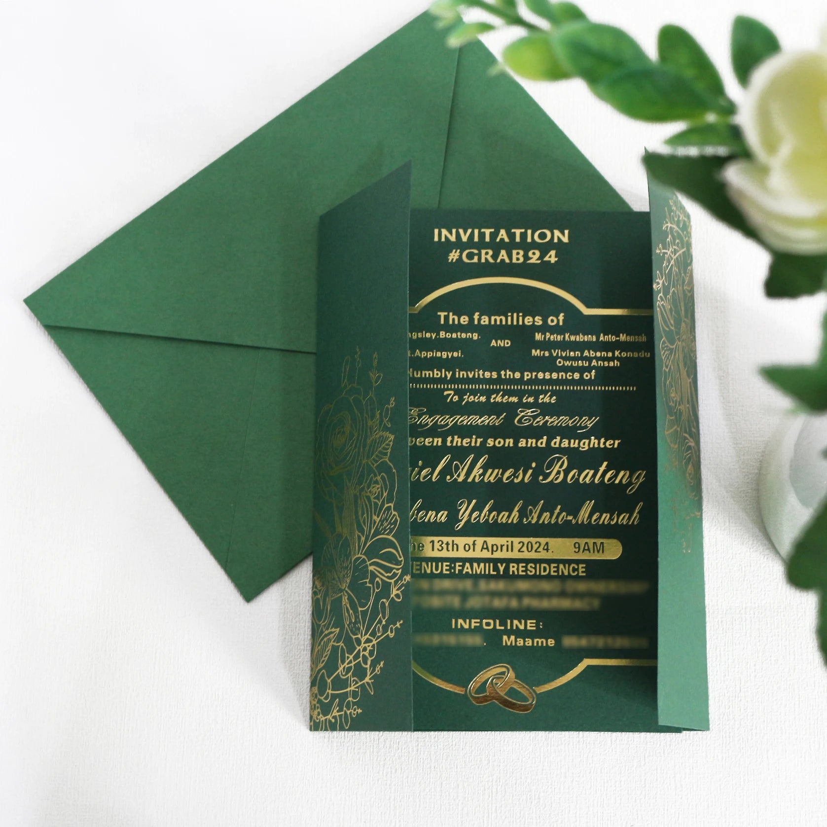 Luxury African Pine Green and Gold Foil Floral 5X7 Inches Paper Folded Jacket Wedding Invitation With Envelope